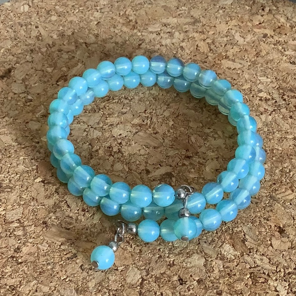 Cats Eye Chalcedony Moonstone bead bangle bracelet fits 6.75”-8”